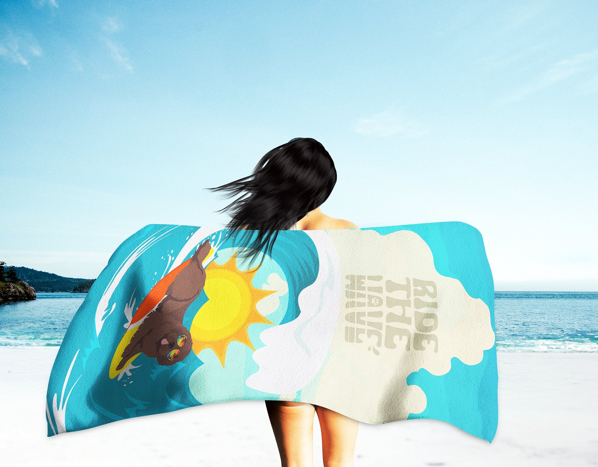 Surfer Dog Brown Newfoundland Premium Beach Towel Oversized Towel Beach Blanket, Pool, Beach Essentials, Yoga, Premium Bath Towel, Quick Dry Plush
