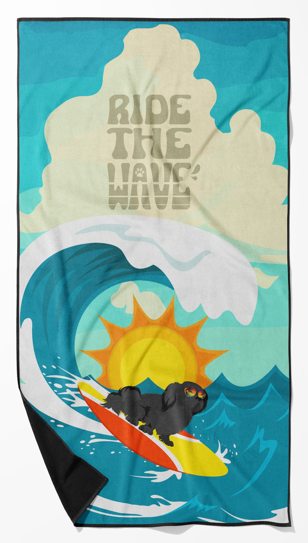 Surfer Dog Black Pekingese Premium Beach Towel Oversized Towel Beach Blanket, Pool, Beach Essentials, Yoga, Premium Bath Towel, Quick Dry Plush