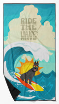 Surfer Dog Black Schnauzer Premium Beach Towel Oversized Towel Beach Blanket, Pool, Beach Essentials, Yoga, Premium Bath Towel, Quick Dry Plush