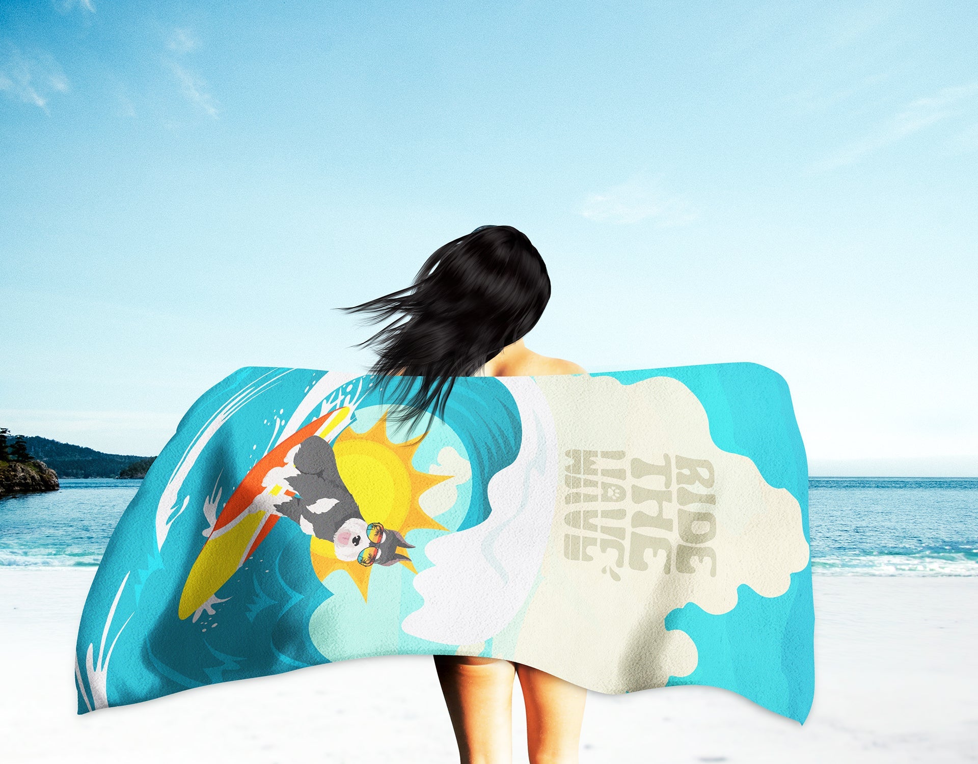 Surfer Dog Black Silver Schnauzer Premium Beach Towel Oversized Towel Beach Blanket, Pool, Beach Essentials, Yoga, Premium Bath Towel, Quick Dry Plush