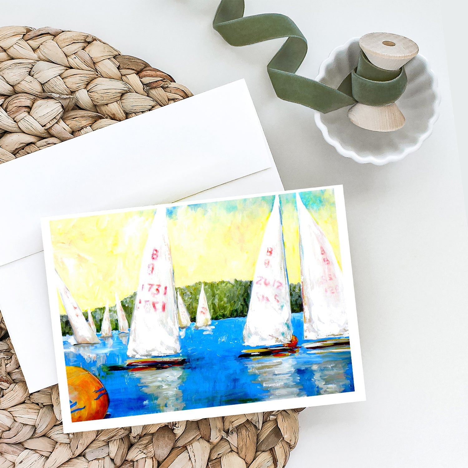 Sailboats Round the Mark Greeting Cards Pack of 8 Blank Cards with Envelopes Whimsical A7 Size 5x7