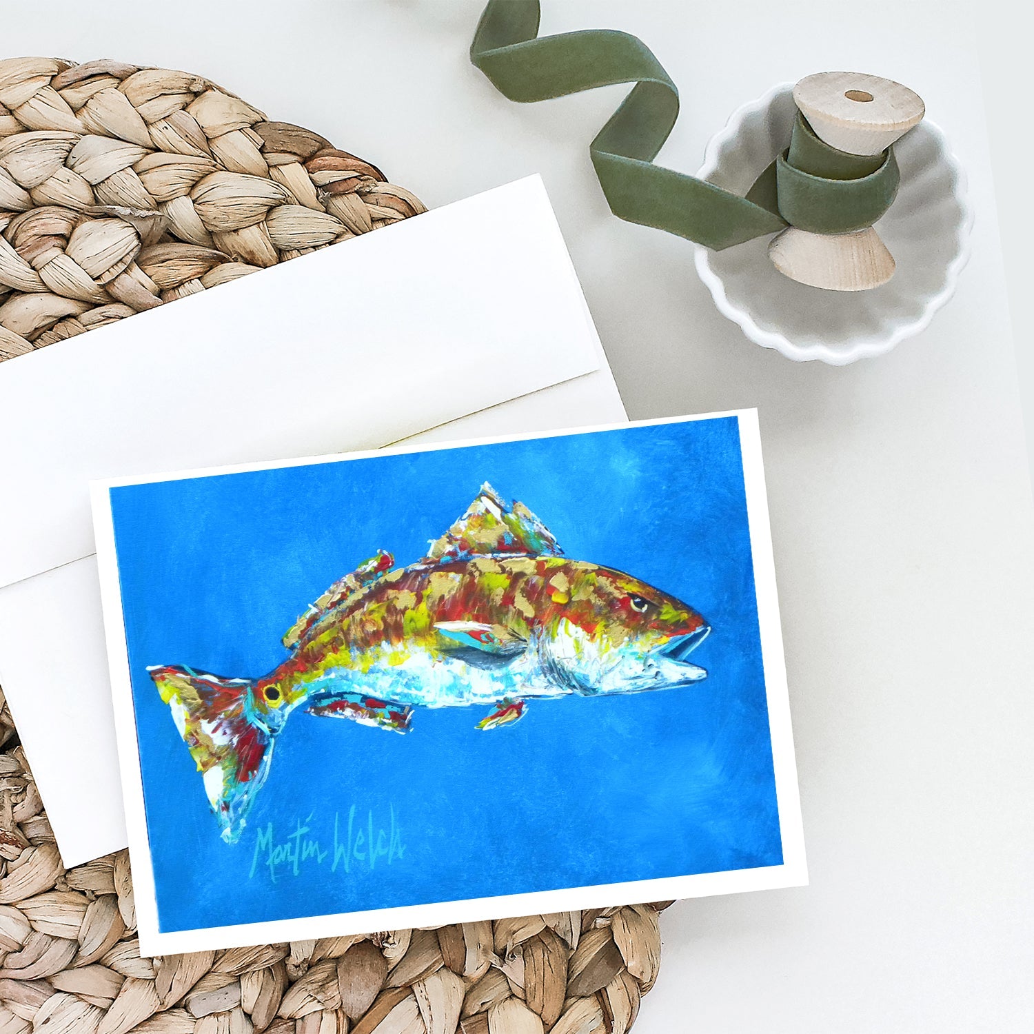 Fish - Red Fish Seafood Two Greeting Cards Pack of 8 Blank Cards with Envelopes Whimsical A7 Size 5x7