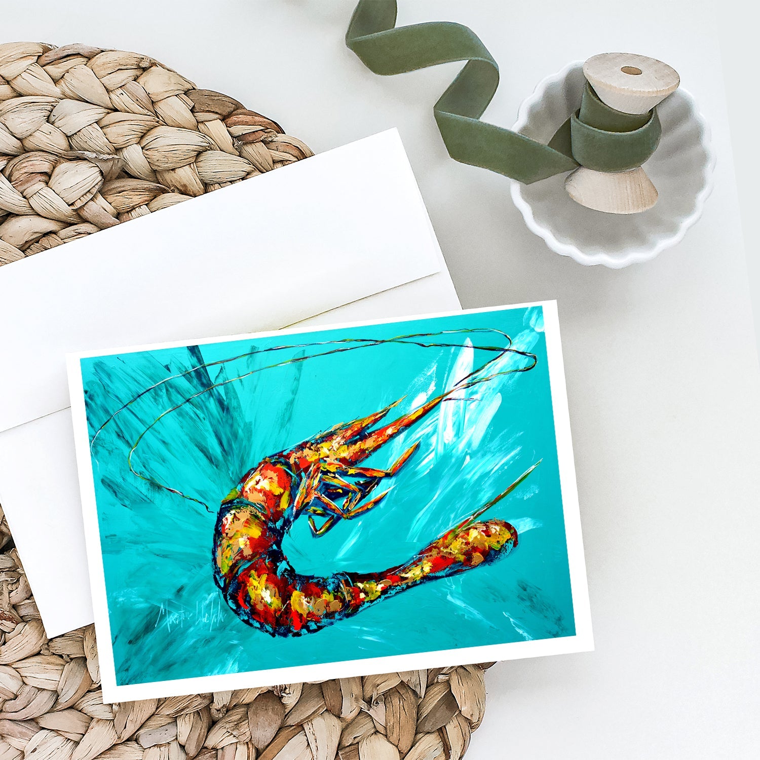 Shrimp Teal Shrimp Greeting Cards Pack of 8 Blank Cards with Envelopes Whimsical A7 Size 5x7