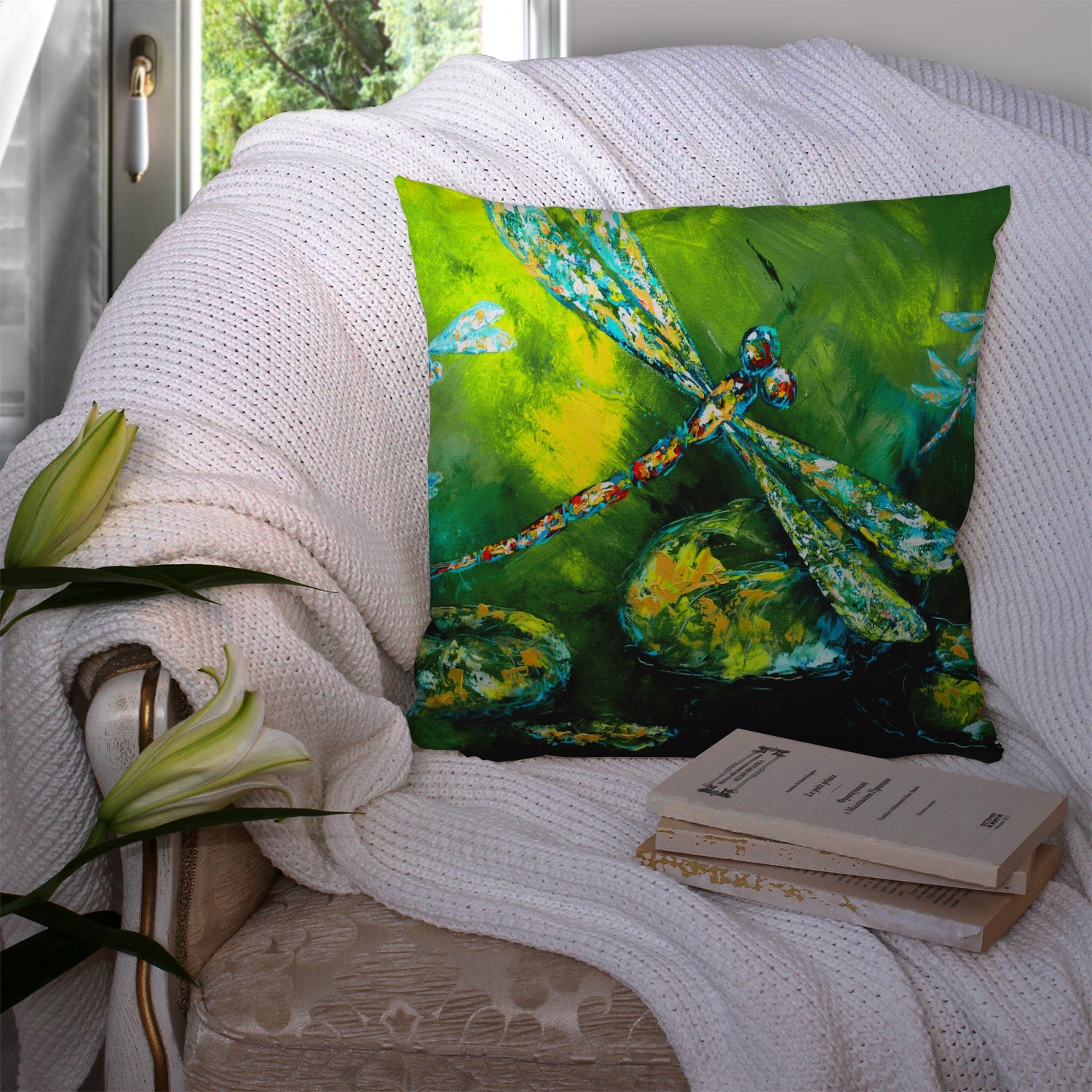 Insect - Dragonfly Summer Flies Decorative Throw Pillow 14x14 Indoor Outdoor Accent Cushion, Fabric Cover with Insert for Sofa, Bed, Porch & Living Room
