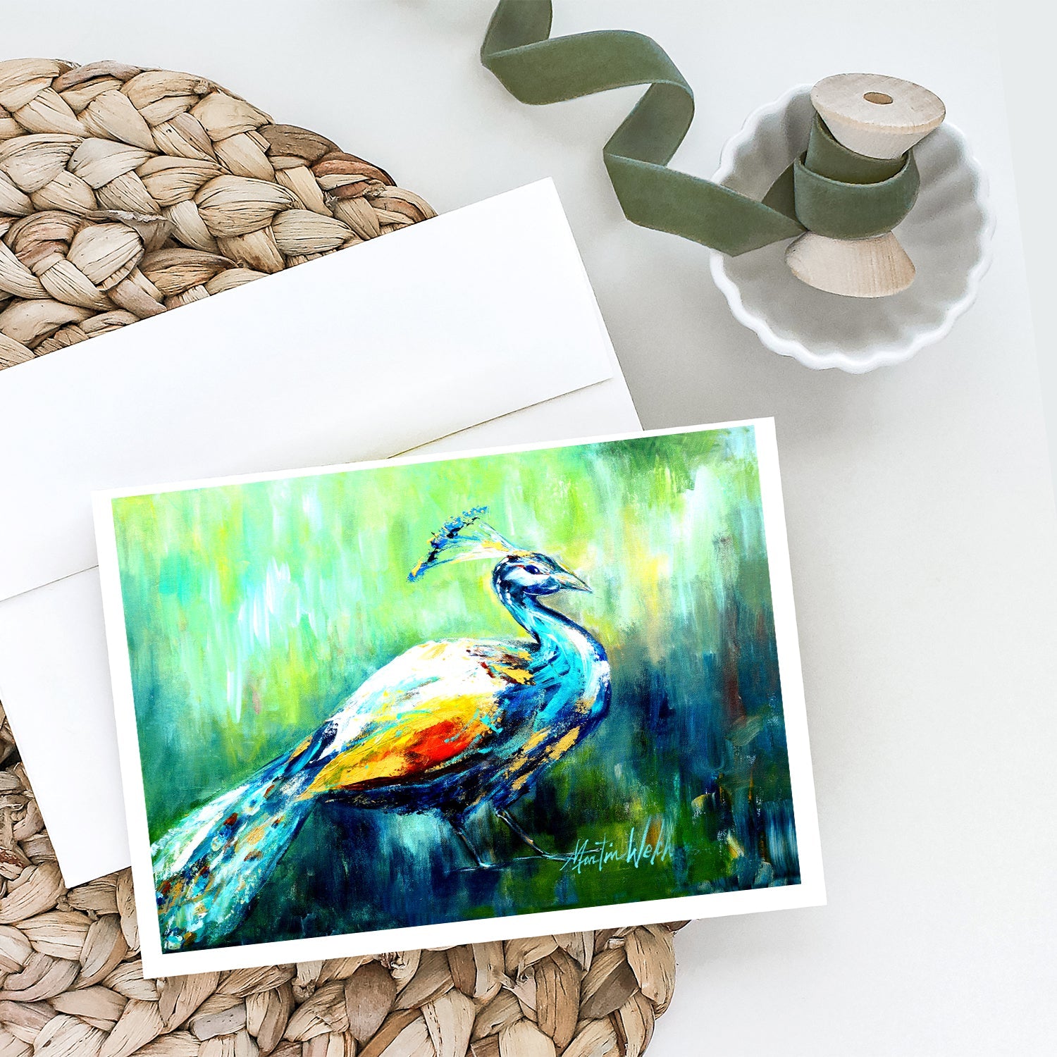 Proud Peacock Green Greeting Cards Pack of 8 Blank Cards with Envelopes Whimsical A7 Size 5x7