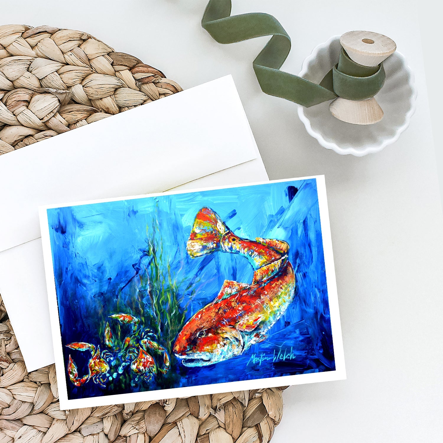 Scattered Red Fish Greeting Cards Pack of 8 Blank Cards with Envelopes Whimsical A7 Size 5x7