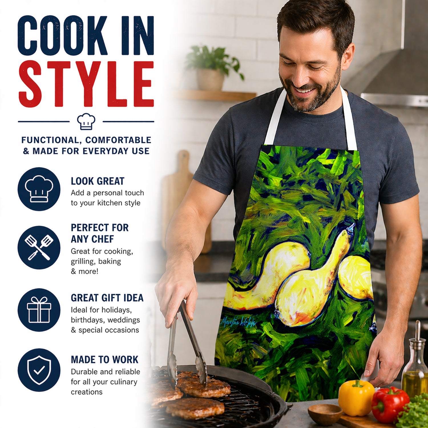 Three Crooks Squash Apron Cooking Kitchen Server Baking Crafts Gardening for Adult Women Men, Unisex, Large, Multicolor