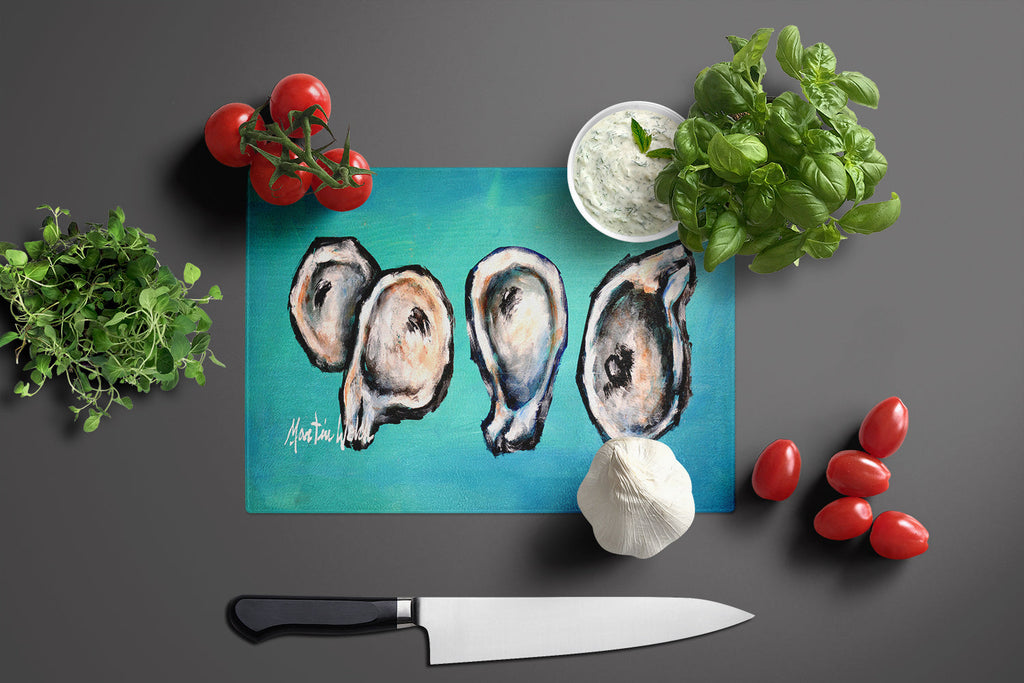Four Oyster Shells on Board Cutting Board Tempered Glass Kitchen Cutting Surface, Heat Resistant Chopping, Non-Slip Feet, Food Prep & Serving