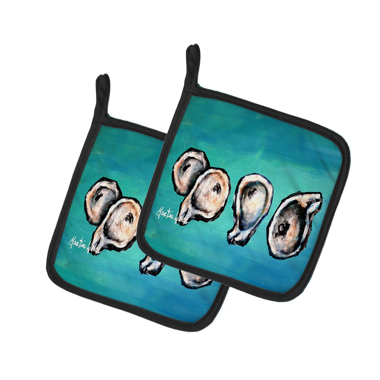Four Oyster Shells on Board Pot Holder Set of 2 Heat Resistant Quilted Hot Pads 7.5 x 7.5 Inch, Insulated Kitchen Trivets for Cooking & Baking