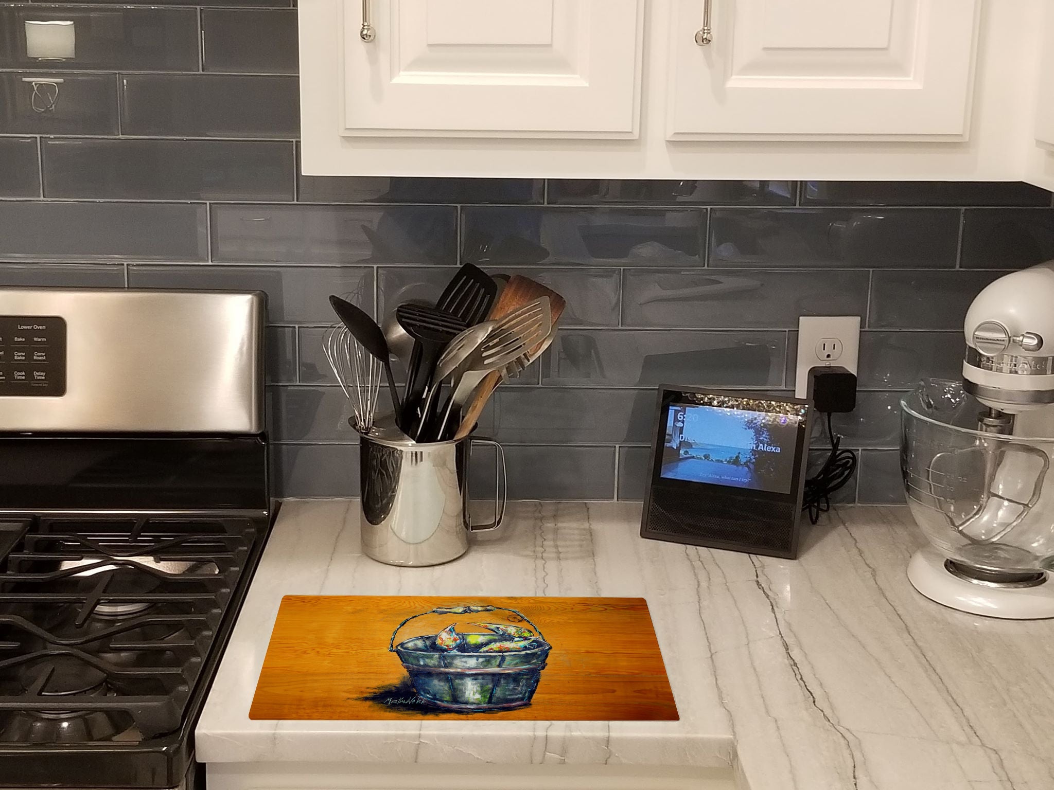 A Crab Bucket Cutting Board Tempered Glass Kitchen Cutting Surface, Heat Resistant Chopping, Non-Slip Feet, Food Prep & Serving