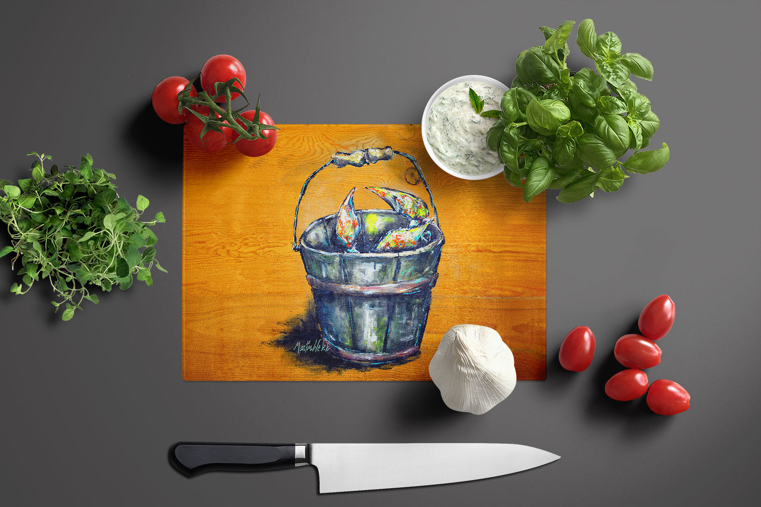 A Crab Bucket Cutting Board Tempered Glass Kitchen Cutting Surface, Heat Resistant Chopping, Non-Slip Feet, Food Prep & Serving