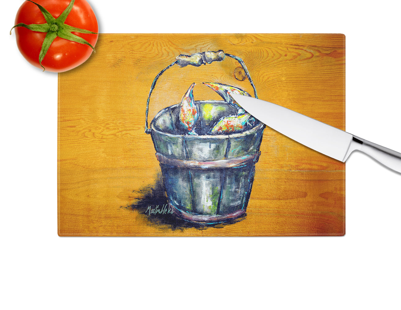 A Crab Bucket Cutting Board Tempered Glass Kitchen Cutting Surface, Heat Resistant Chopping, Non-Slip Feet, Food Prep & Serving