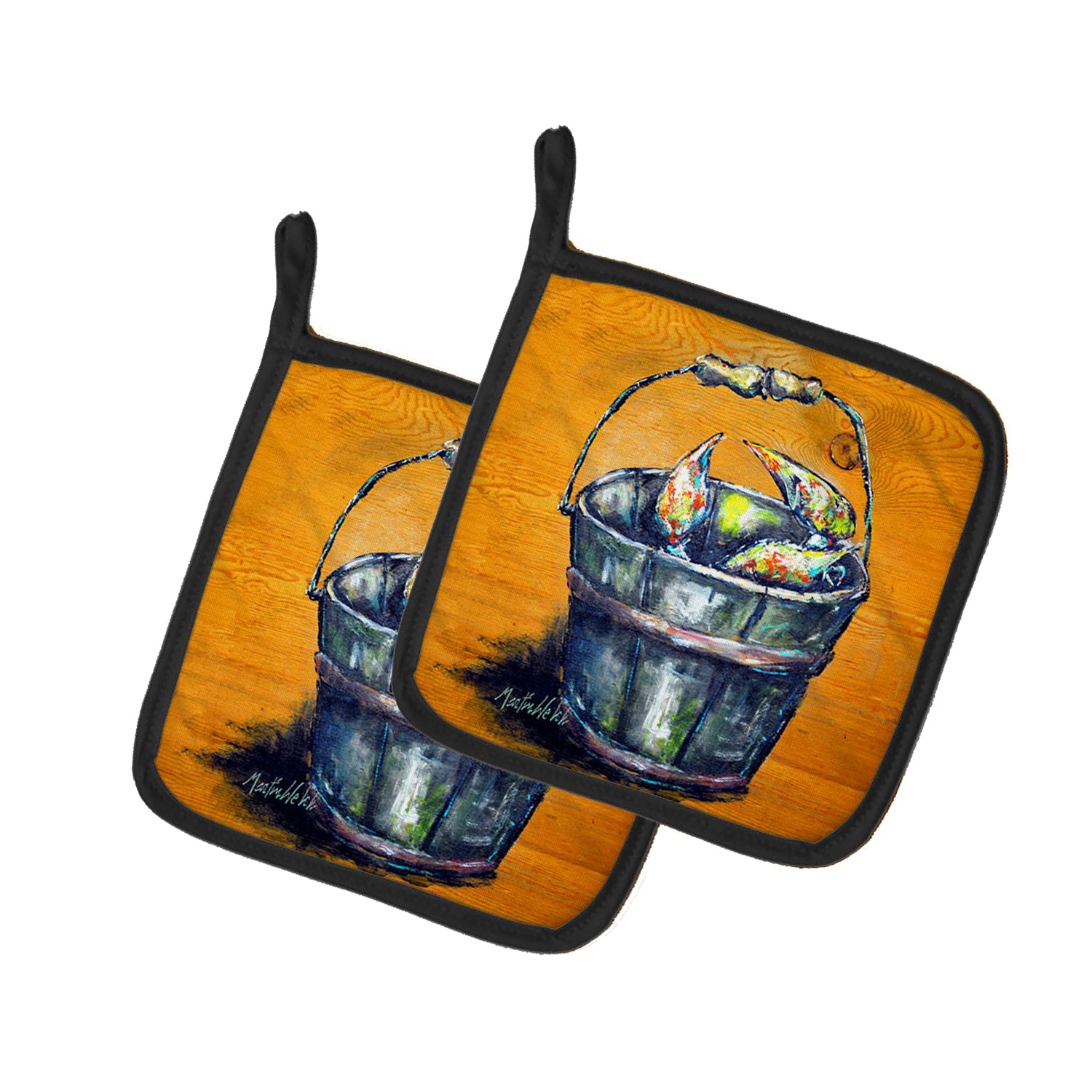 A Crab Bucket Pot Holder Set of 2 Heat Resistant Quilted Hot Pads 7.5 x 7.5 Inch, Insulated Kitchen Trivets for Cooking & Baking