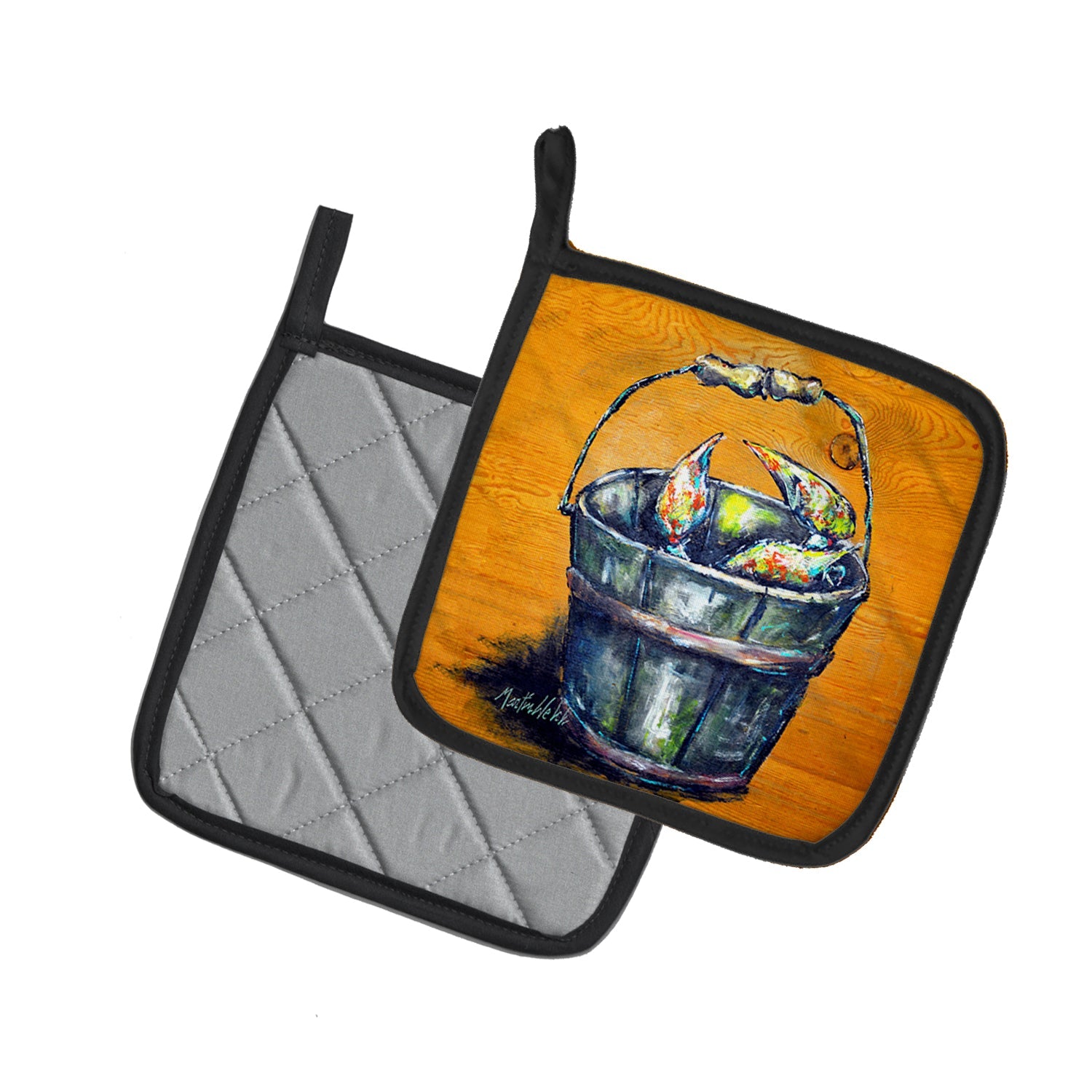 A Crab Bucket Pot Holder Set of 2 Heat Resistant Quilted Hot Pads 7.5 x 7.5 Inch, Insulated Kitchen Trivets for Cooking & Baking