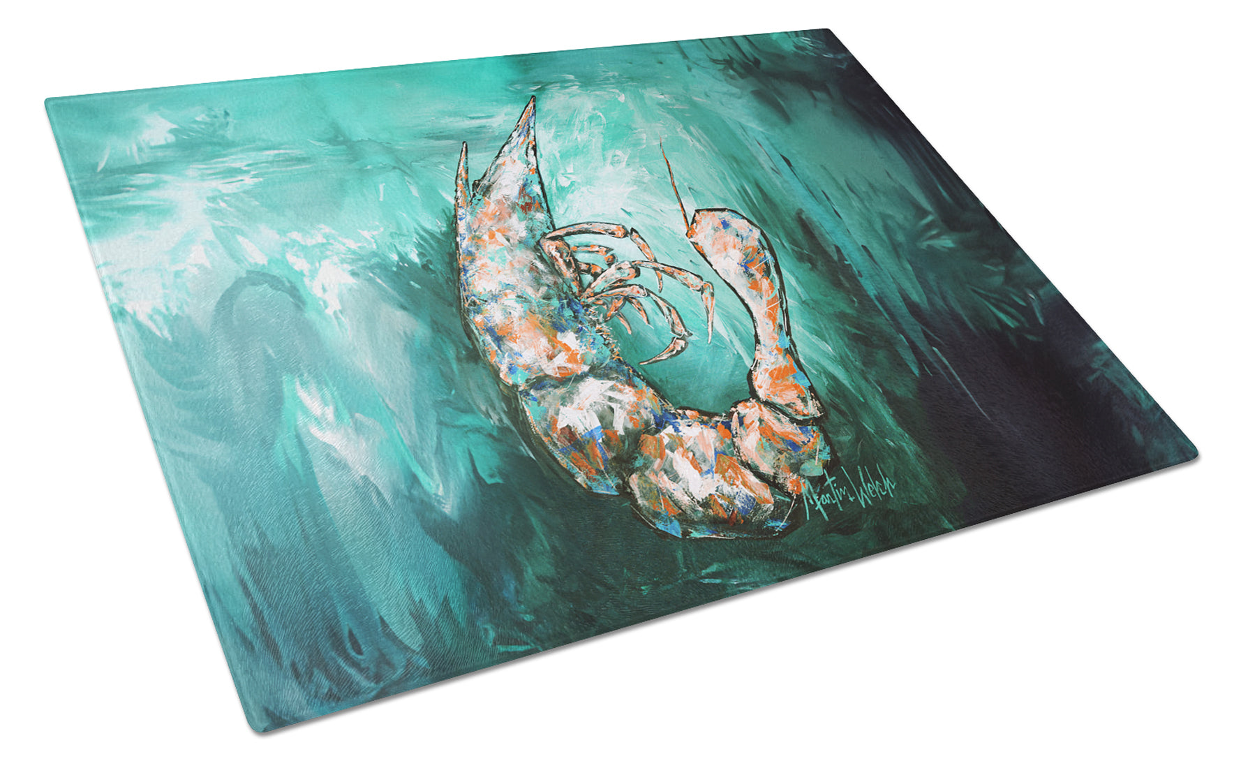 A Touch of Blue Shrimp Cutting Board Tempered Glass Kitchen Cutting Surface, Heat Resistant Chopping, Non-Slip Feet, Food Prep & Serving