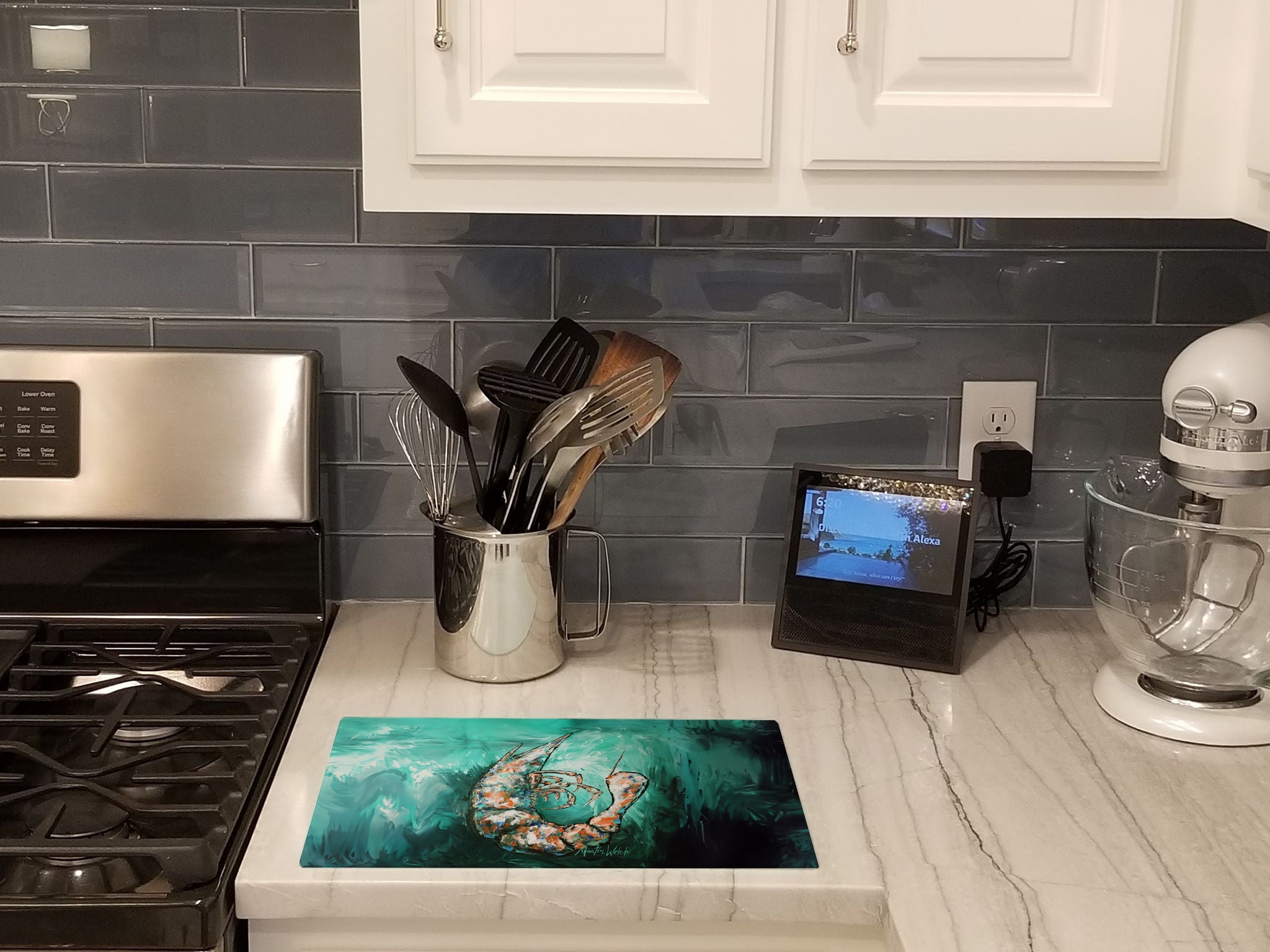A Touch of Blue Shrimp Cutting Board Tempered Glass Kitchen Cutting Surface, Heat Resistant Chopping, Non-Slip Feet, Food Prep & Serving