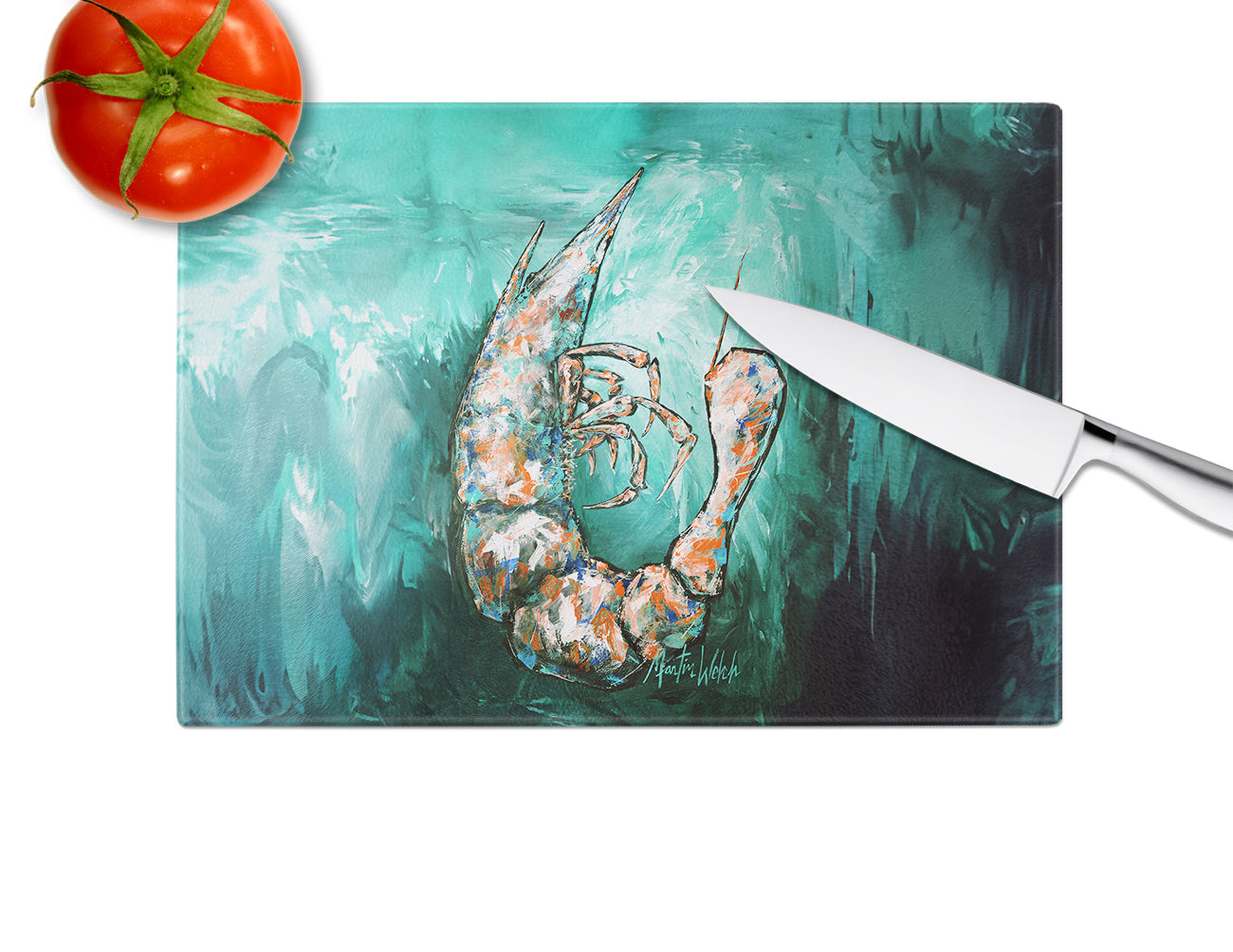 A Touch of Blue Shrimp Cutting Board Tempered Glass Kitchen Cutting Surface, Heat Resistant Chopping, Non-Slip Feet, Food Prep & Serving