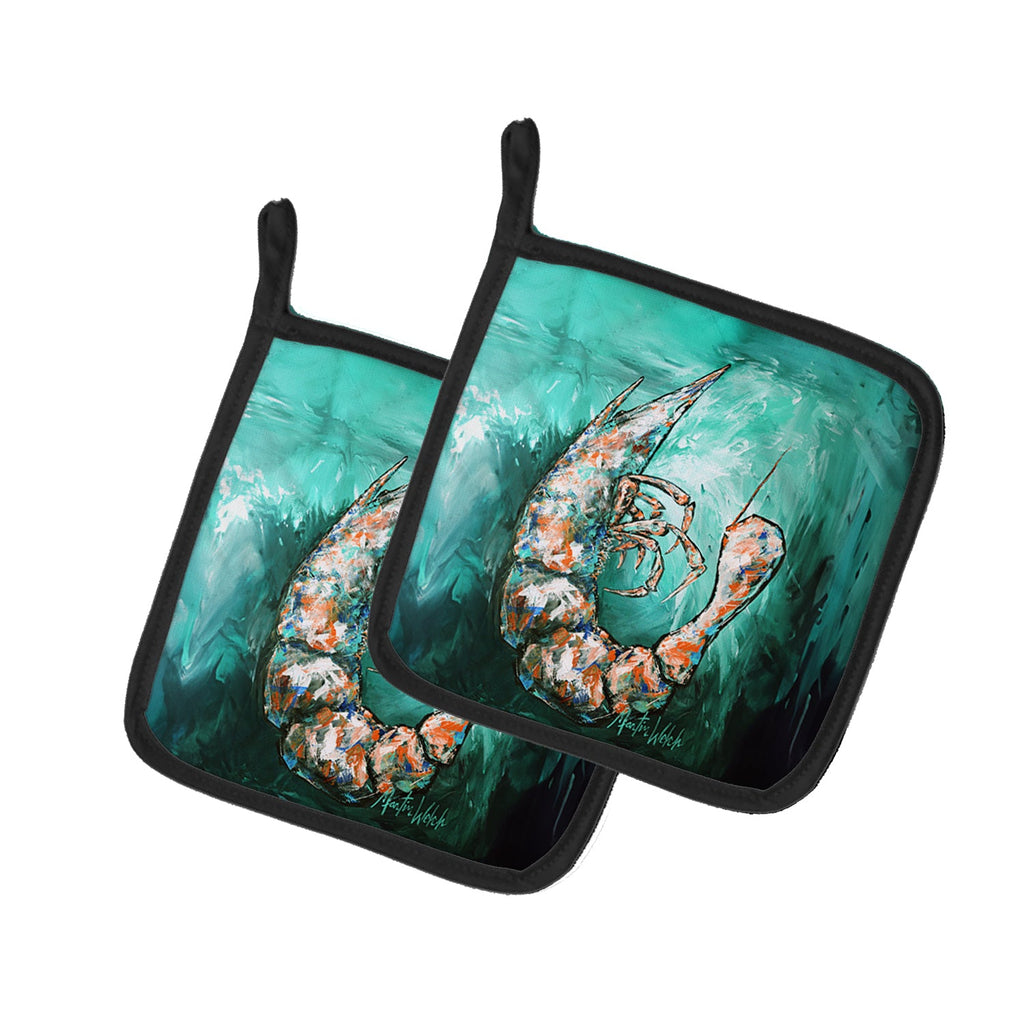 A Touch of Blue Shrimp Pot Holder Set of 2 Heat Resistant Quilted Hot Pads 7.5 x 7.5 Inch, Insulated Kitchen Trivets for Cooking & Baking