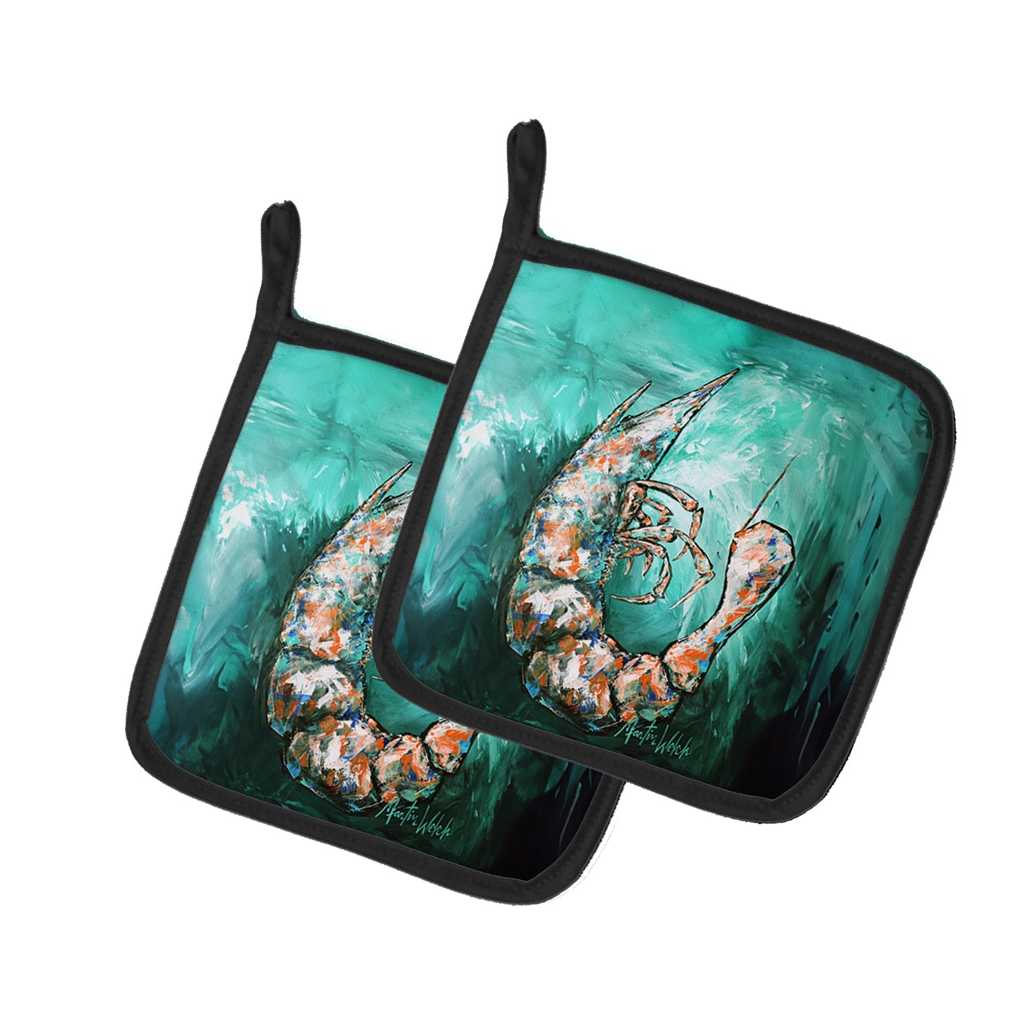 A Touch of Blue Shrimp Pot Holder Set of 2 Heat Resistant Quilted Hot Pads 7.5 x 7.5 Inch, Insulated Kitchen Trivets for Cooking & Baking