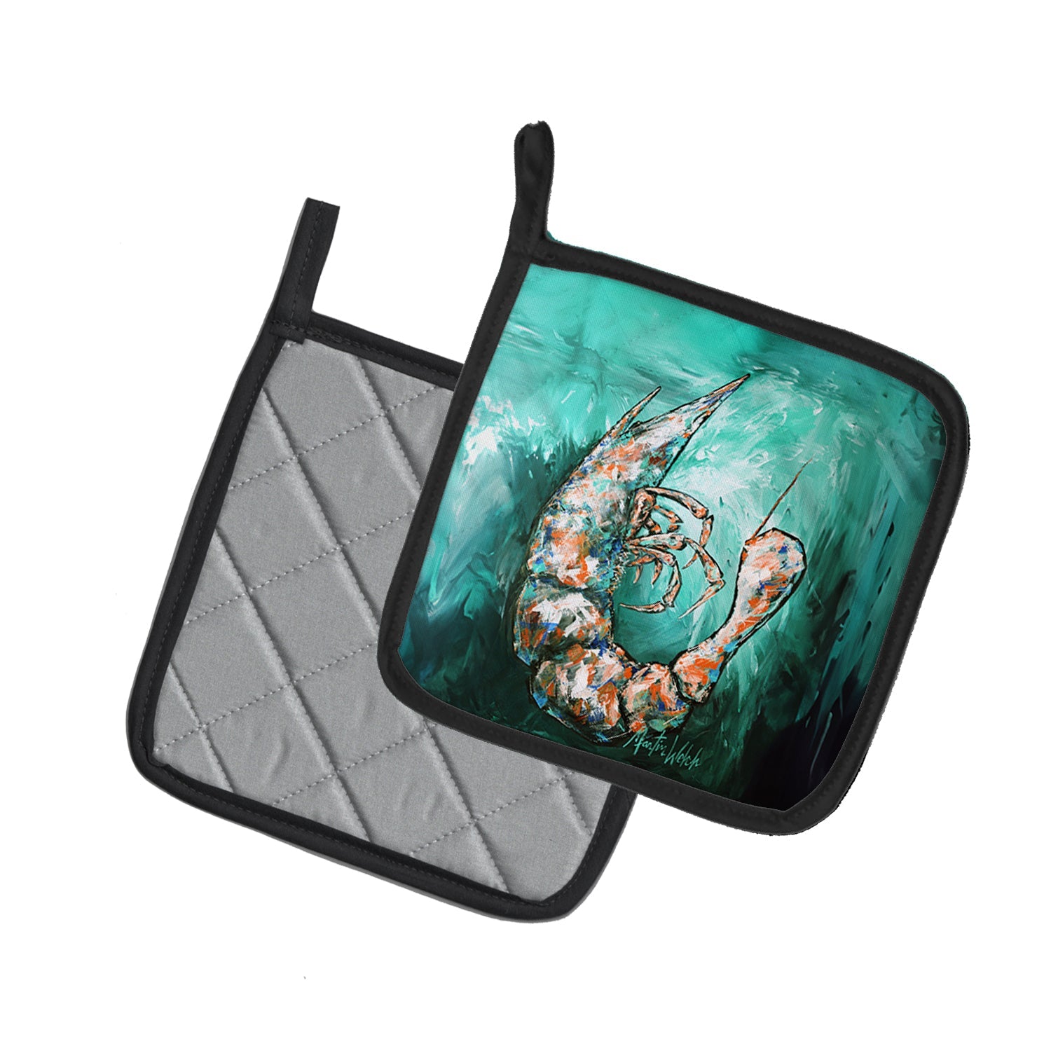 A Touch of Blue Shrimp Pot Holder Set of 2 Heat Resistant Quilted Hot Pads 7.5 x 7.5 Inch, Insulated Kitchen Trivets for Cooking & Baking