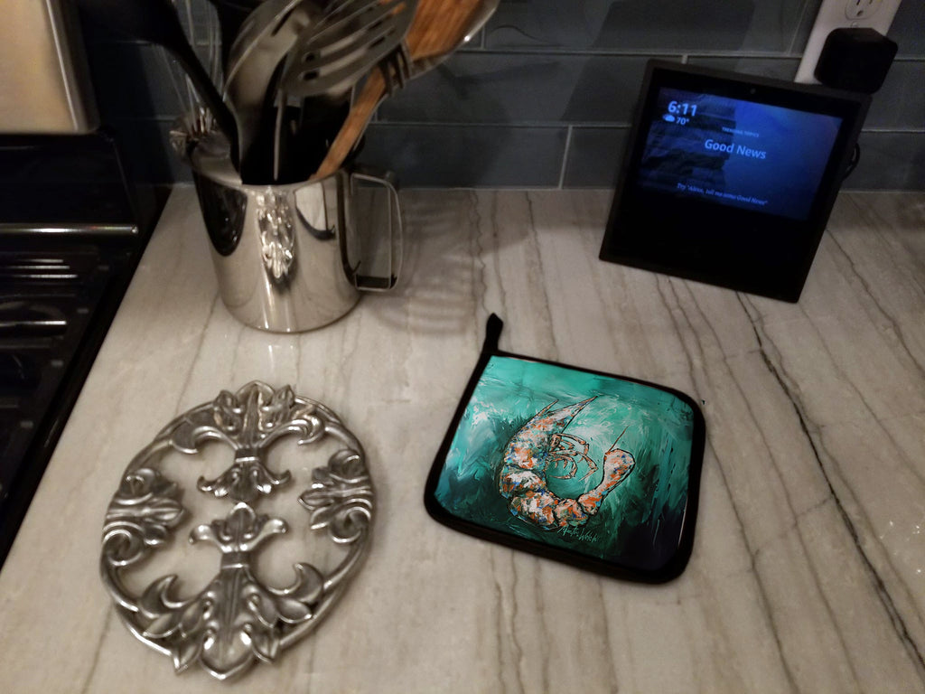 A Touch of Blue Shrimp Pot Holder Set of 2 Heat Resistant Quilted Hot Pads 7.5 x 7.5 Inch, Insulated Kitchen Trivets for Cooking & Baking