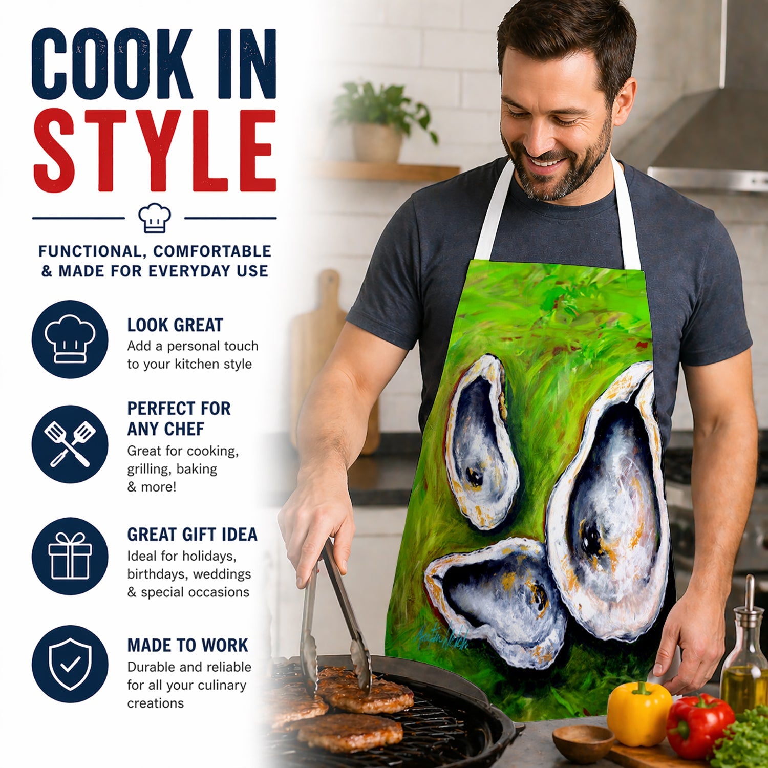 All Shucked Oysters Apron Cooking Kitchen Server Baking Crafts Gardening for Adult Women Men, Unisex, Large, Multicolor