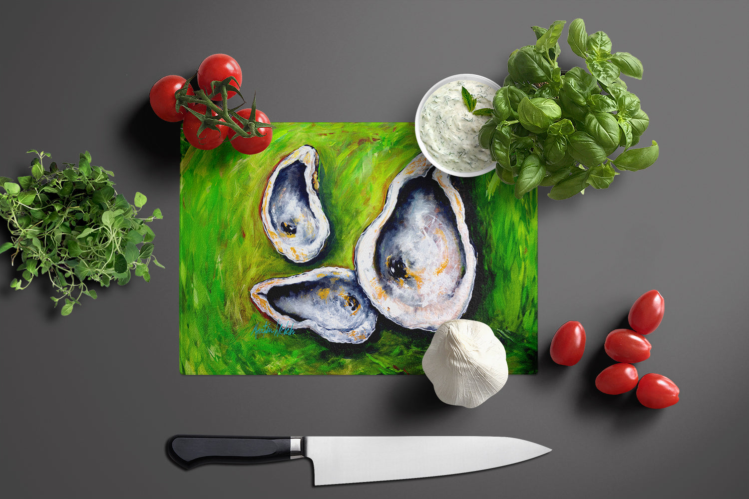 All Shucked Oysters Cutting Board Tempered Glass Kitchen Cutting Surface, Heat Resistant Chopping, Non-Slip Feet, Food Prep & Serving