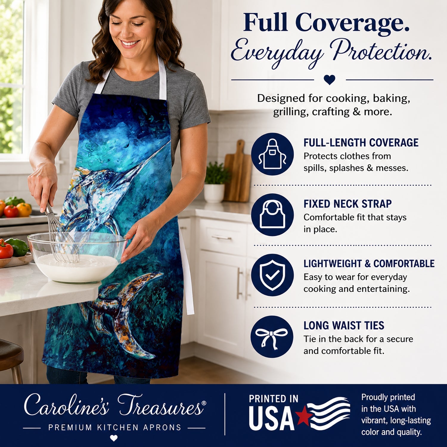 American Marlin Apron Cooking Kitchen Server Baking Crafts Gardening for Adult Women Men, Unisex, Large, Multicolor
