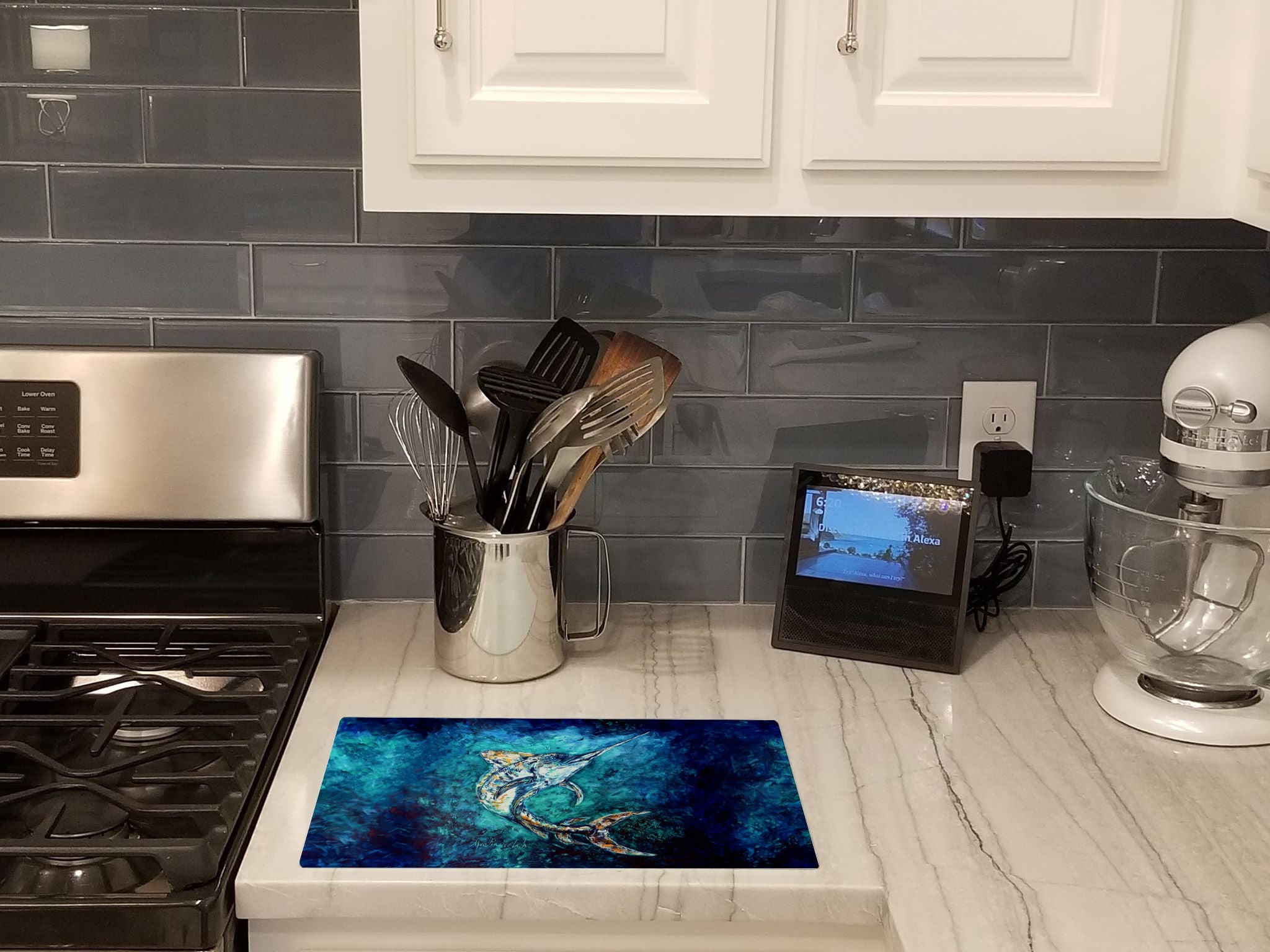 American Marlin Cutting Board Tempered Glass Kitchen Cutting Surface, Heat Resistant Chopping, Non-Slip Feet, Food Prep & Serving