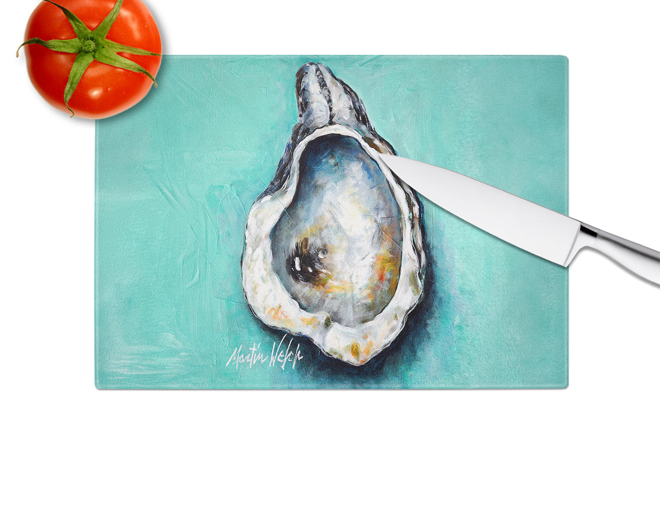 Aqua Pearl Oyster Cutting Board Tempered Glass Kitchen Cutting Surface, Heat Resistant Chopping, Non-Slip Feet, Food Prep & Serving