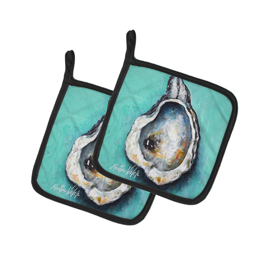 Aqua Pearl Oyster Pot Holder Set of 2 Heat Resistant Quilted Hot Pads 7.5 x 7.5 Inch, Insulated Kitchen Trivets for Cooking & Baking