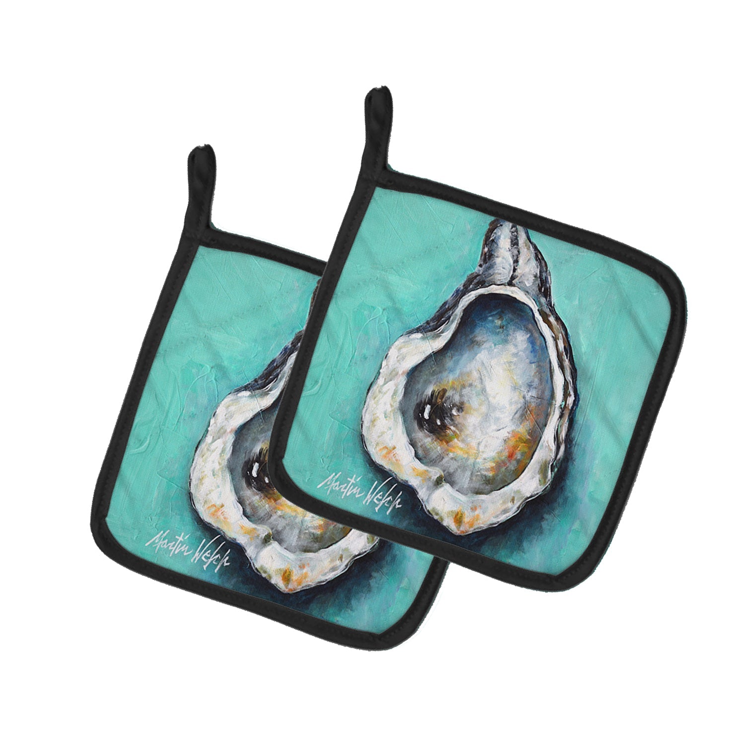 Aqua Pearl Oyster Pot Holder Set of 2 Heat Resistant Quilted Hot Pads 7.5 x 7.5 Inch, Insulated Kitchen Trivets for Cooking & Baking