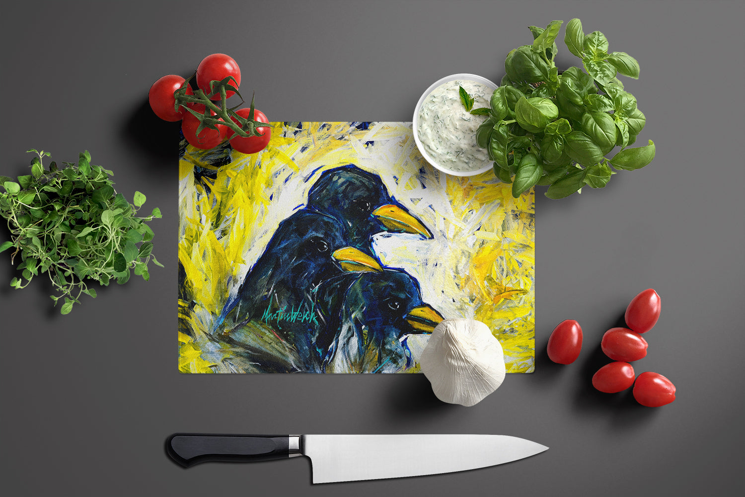 Baked In A Pie Crows Cutting Board Tempered Glass Kitchen Cutting Surface, Heat Resistant Chopping, Non-Slip Feet, Food Prep & Serving