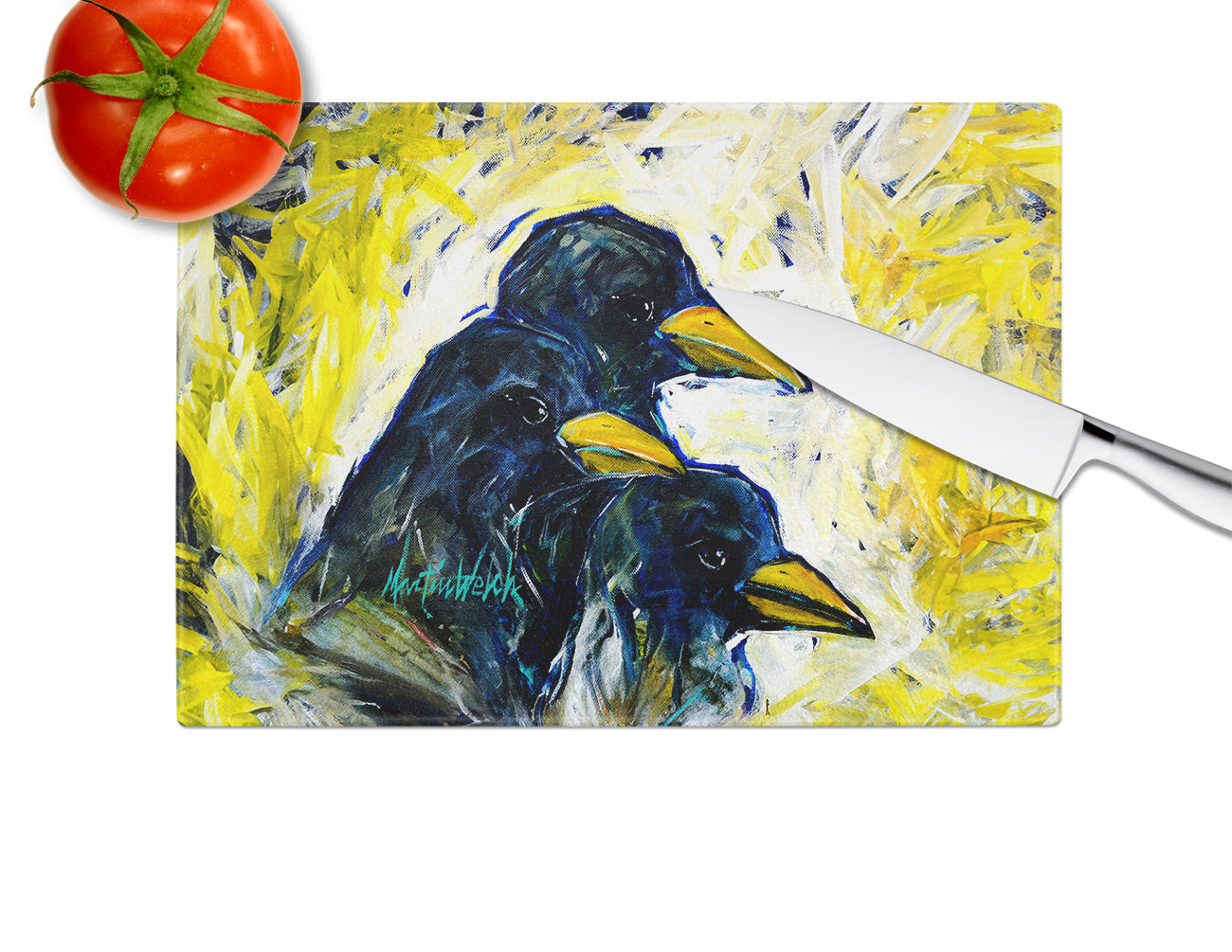 Baked In A Pie Crows Cutting Board Tempered Glass Kitchen Cutting Surface, Heat Resistant Chopping, Non-Slip Feet, Food Prep & Serving