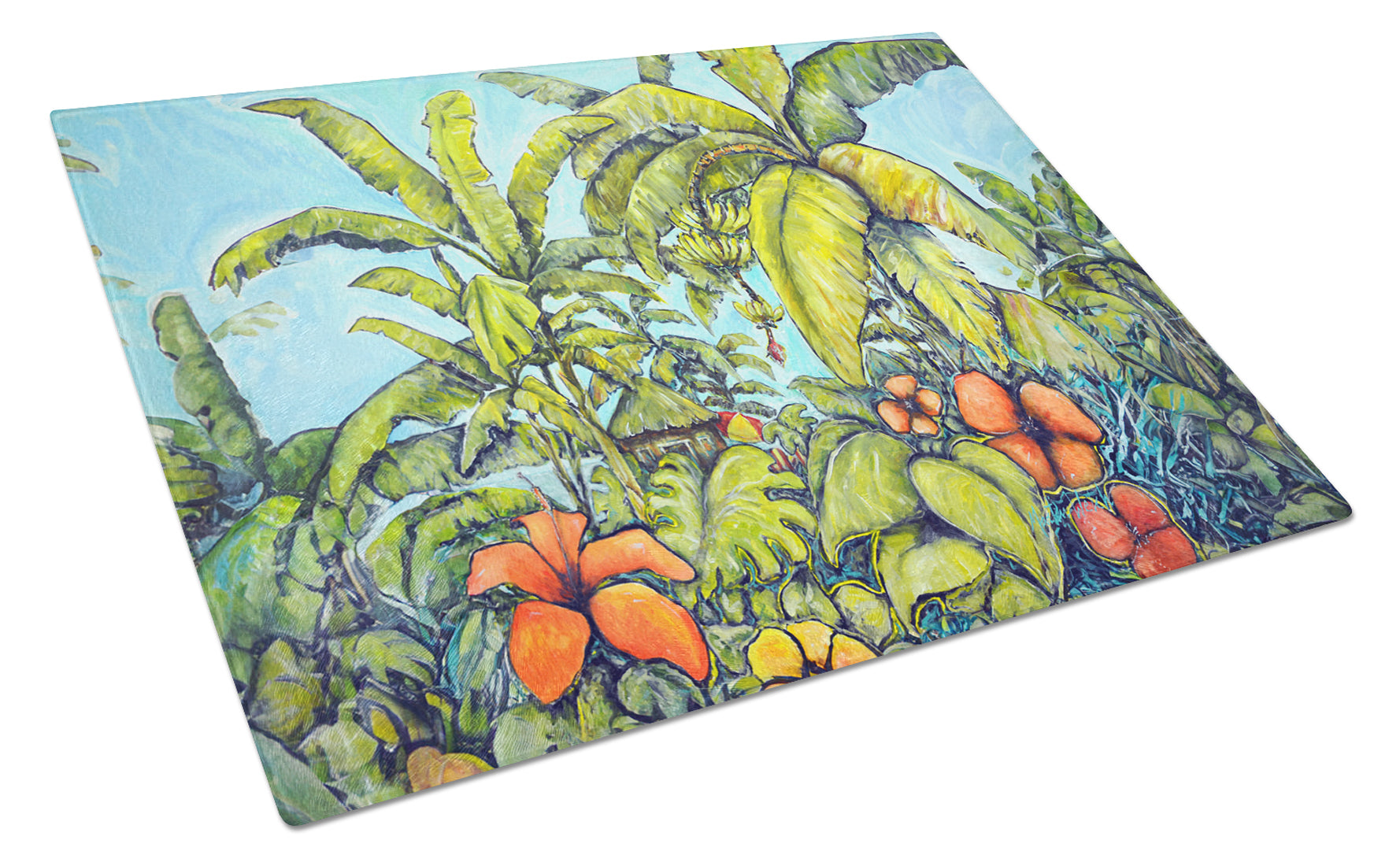 Banana Cabana Cutting Board Tempered Glass Kitchen Cutting Surface, Heat Resistant Chopping, Non-Slip Feet, Food Prep & Serving