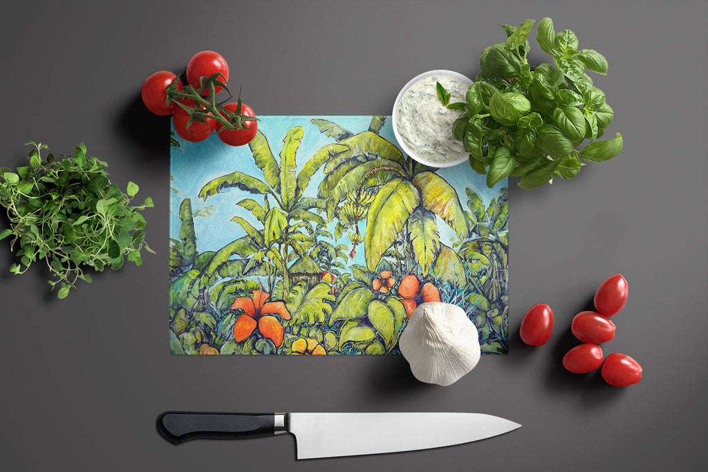 Banana Cabana Cutting Board Tempered Glass Kitchen Cutting Surface, Heat Resistant Chopping, Non-Slip Feet, Food Prep & Serving
