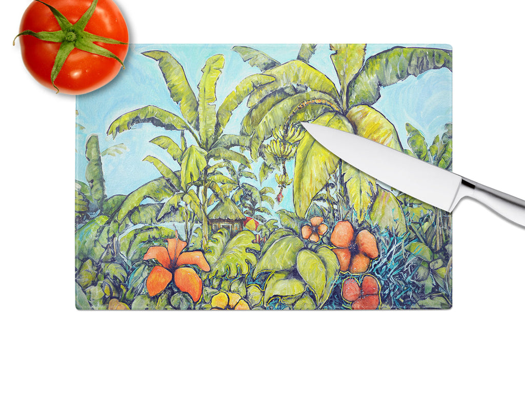 Banana Cabana Cutting Board Tempered Glass Kitchen Cutting Surface, Heat Resistant Chopping, Non-Slip Feet, Food Prep & Serving