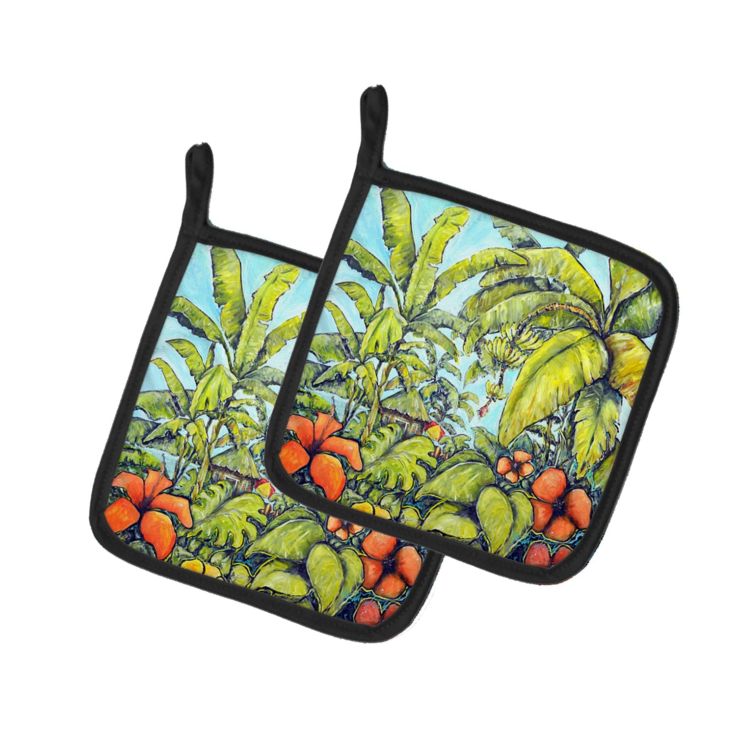 Banana Cabana Pot Holder Set of 2 Heat Resistant Quilted Hot Pads 7.5 x 7.5 Inch, Insulated Kitchen Trivets for Cooking & Baking
