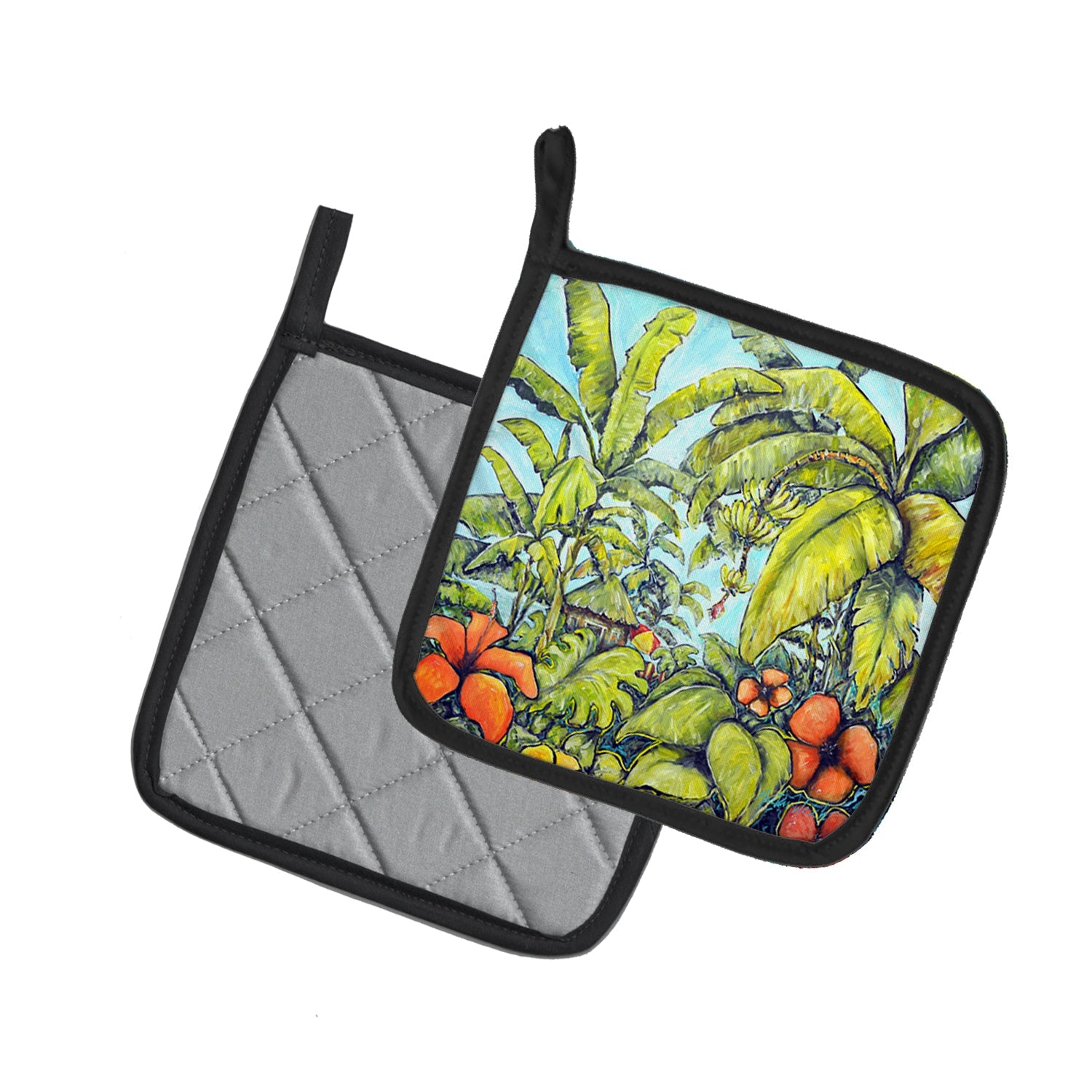 Banana Cabana Pot Holder Set of 2 Heat Resistant Quilted Hot Pads 7.5 x 7.5 Inch, Insulated Kitchen Trivets for Cooking & Baking