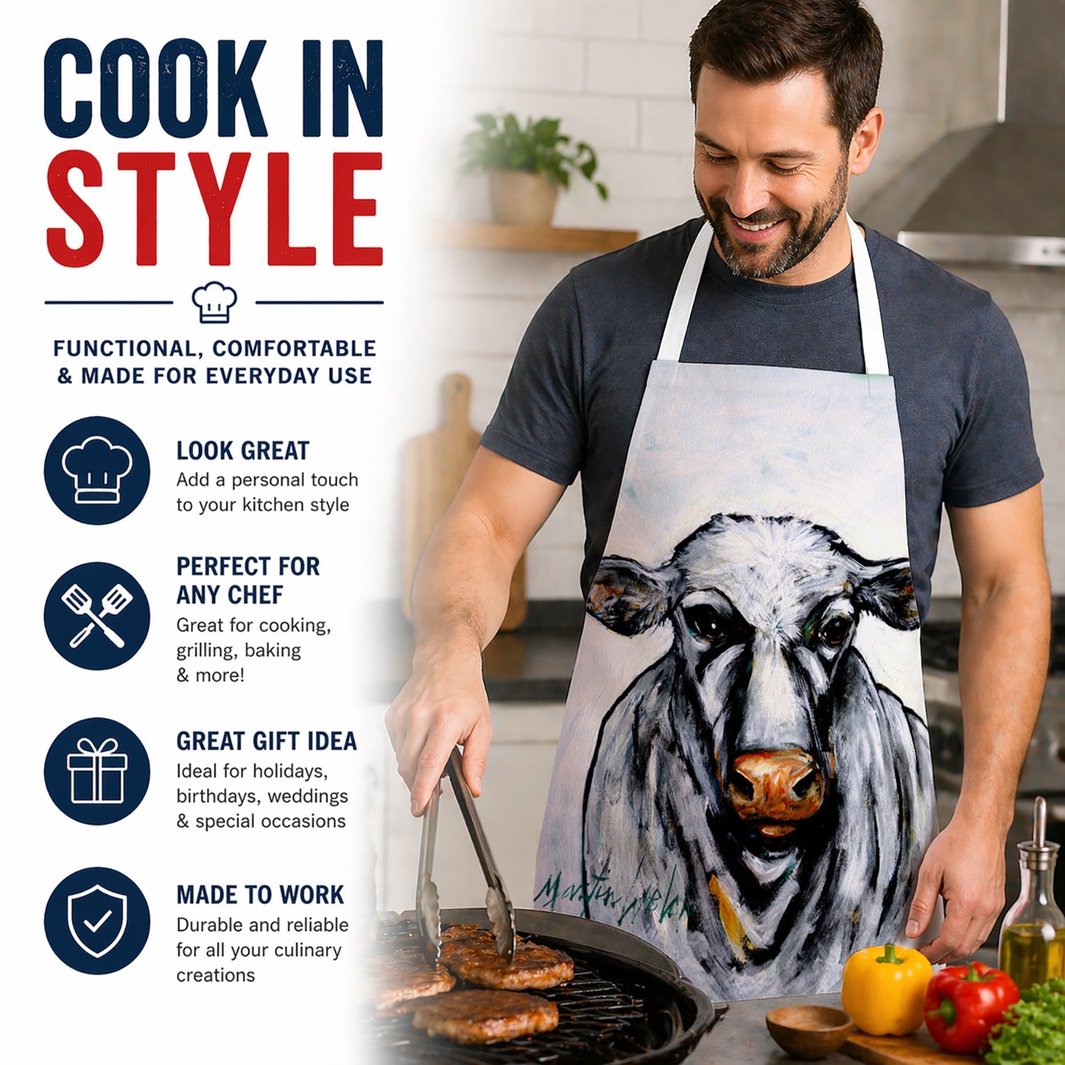 Bessie the Cow Apron Cooking Kitchen Server Baking Crafts Gardening for Adult Women Men, Unisex, Large, Multicolor