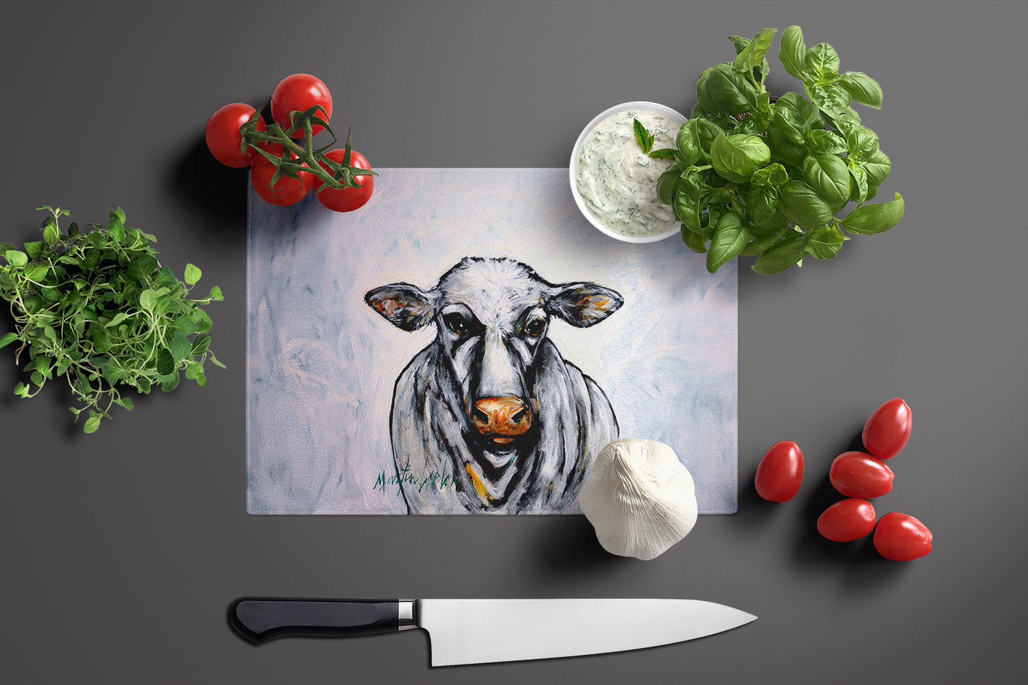 Bessie the Cow Cutting Board Tempered Glass Kitchen Cutting Surface, Heat Resistant Chopping, Non-Slip Feet, Food Prep & Serving