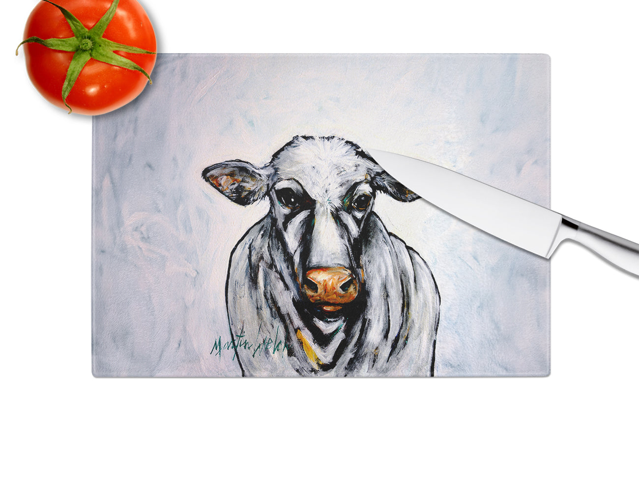 Bessie the Cow Cutting Board Tempered Glass Kitchen Cutting Surface, Heat Resistant Chopping, Non-Slip Feet, Food Prep & Serving