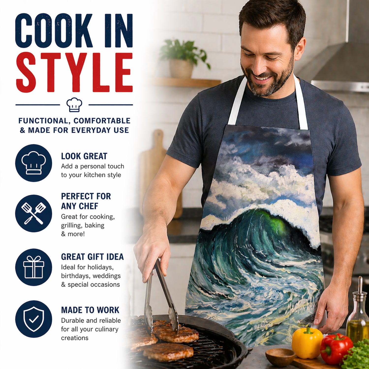 Big Blue Wave Apron Cooking Kitchen Server Baking Crafts Gardening for Adult Women Men, Unisex, Large, Multicolor