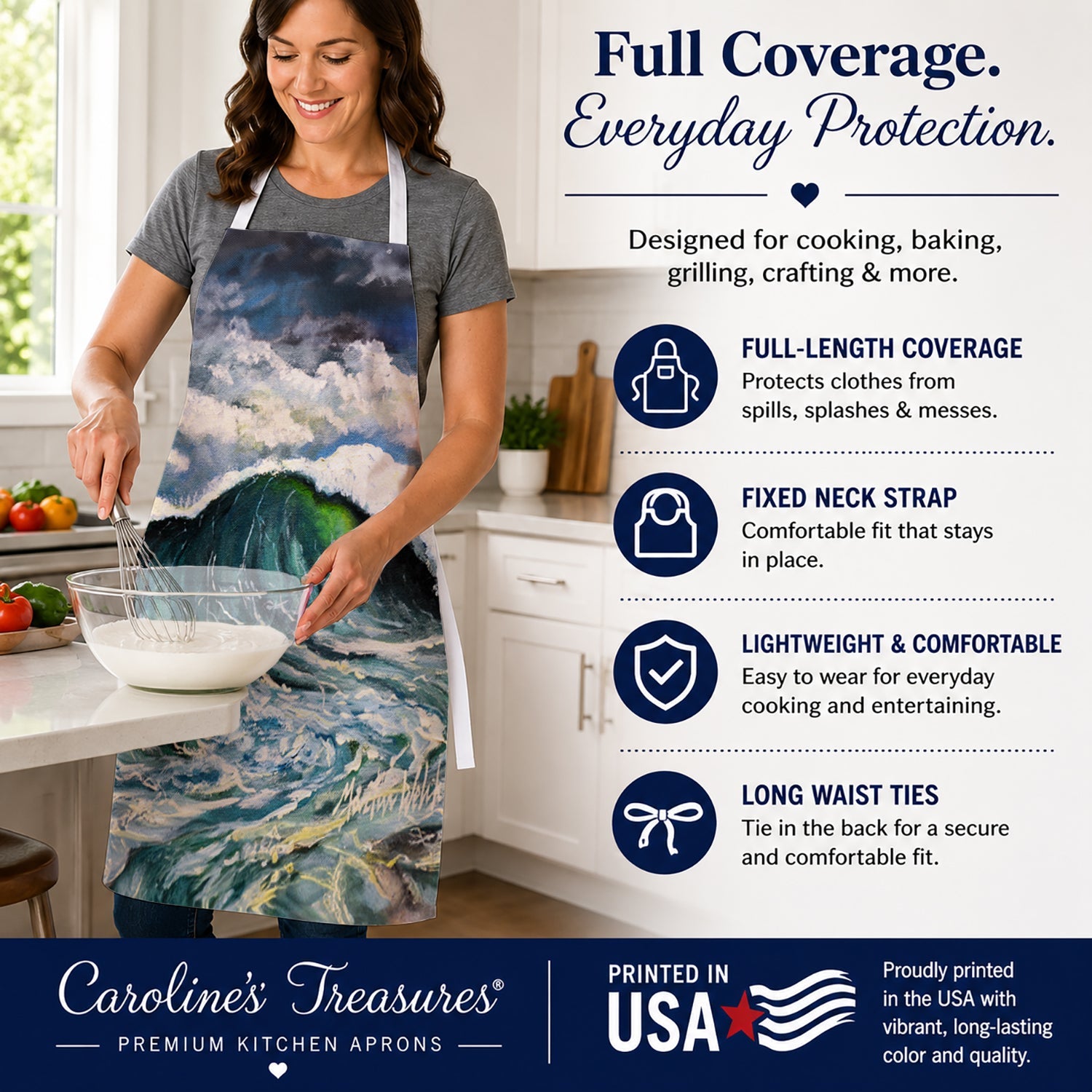 Big Blue Wave Apron Cooking Kitchen Server Baking Crafts Gardening for Adult Women Men, Unisex, Large, Multicolor