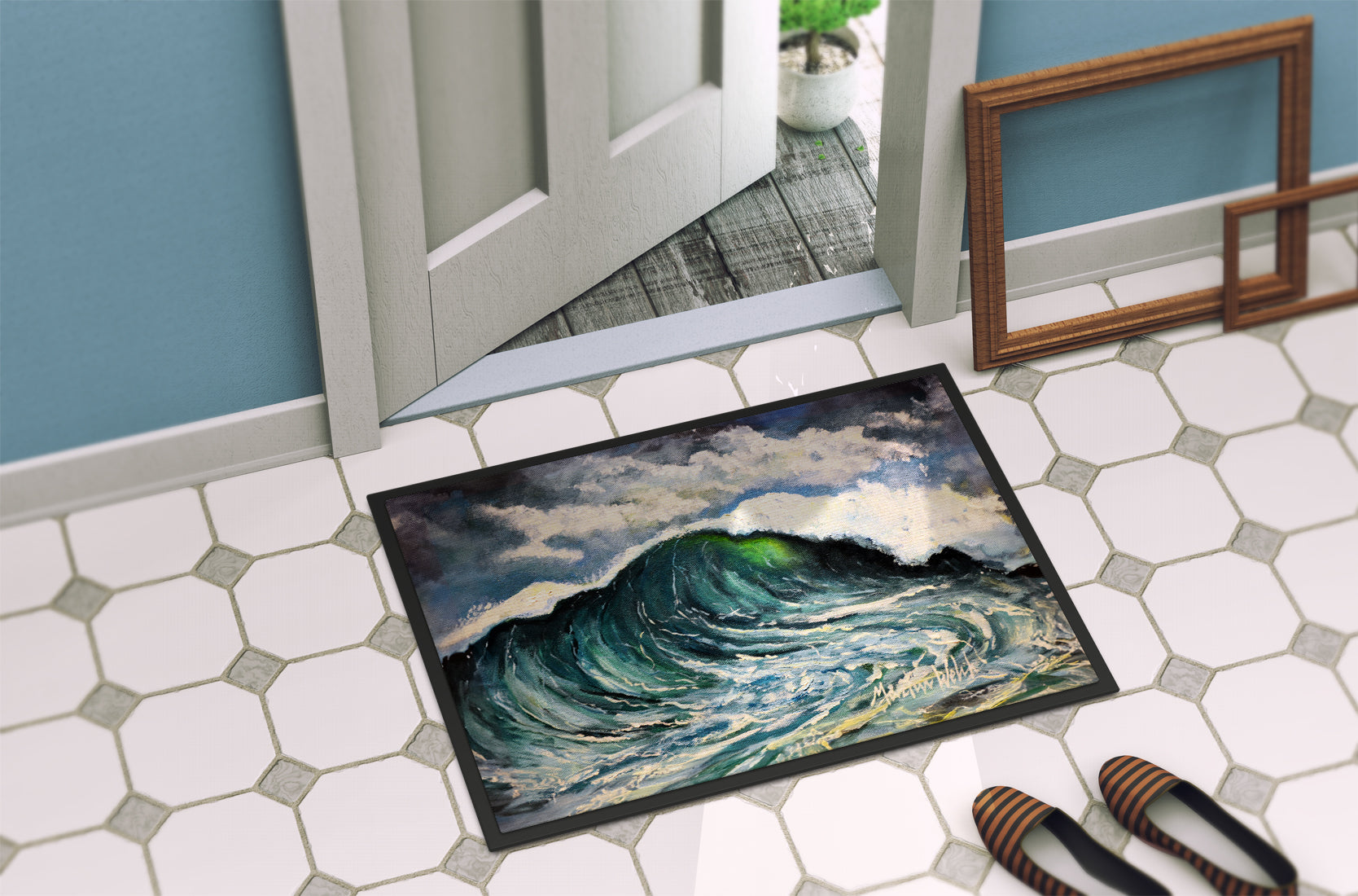 Big Blue Wave Doormat Indoor Outdoor 24H X 36W Front Door Mat Rugs for Entryway, Non Slip Washable Low Pile,