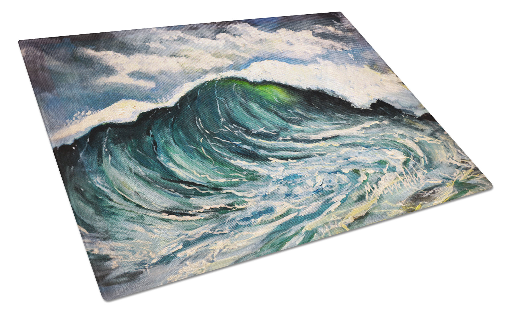 Big Blue Wave Cutting Board Tempered Glass Kitchen Cutting Surface, Heat Resistant Chopping, Non-Slip Feet, Food Prep & Serving