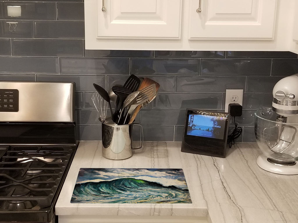 Big Blue Wave Cutting Board Tempered Glass Kitchen Cutting Surface, Heat Resistant Chopping, Non-Slip Feet, Food Prep & Serving