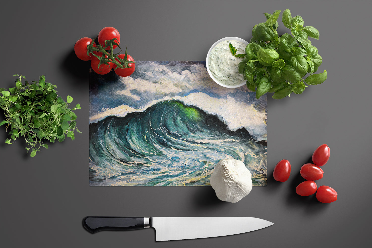 Big Blue Wave Cutting Board Tempered Glass Kitchen Cutting Surface, Heat Resistant Chopping, Non-Slip Feet, Food Prep & Serving