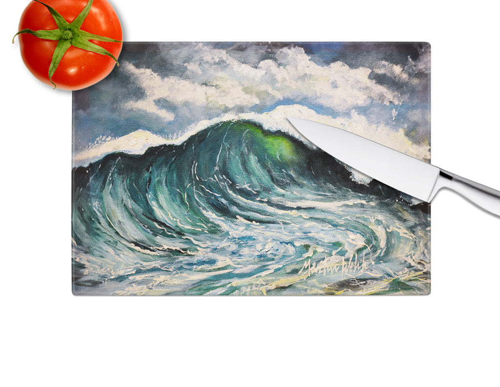 Big Blue Wave Cutting Board Tempered Glass Kitchen Cutting Surface, Heat Resistant Chopping, Non-Slip Feet, Food Prep & Serving
