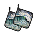 Big Blue Wave Pot Holder Set of 2 Heat Resistant Quilted Hot Pads 7.5 x 7.5 Inch, Insulated Kitchen Trivets for Cooking & Baking